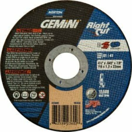 Saint-Gobain Abrasives Norton 66252823602 Gemini Right Angle Cut-Off Wheel 4-1/2" x .045" x 7/8" 36 Grit Alum. Oxide Type 1 66252823602